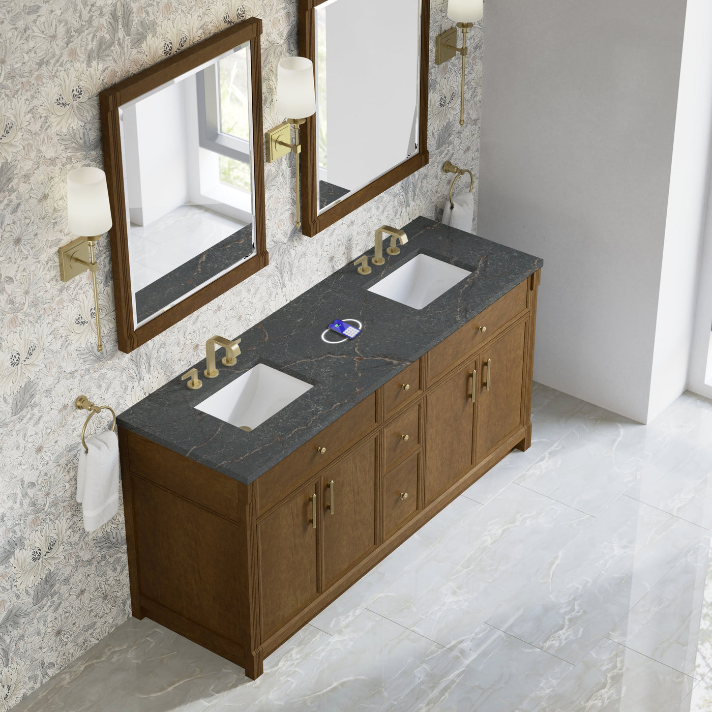 James Martin Bellshire 72" Double Bathroom Vanity, Honey Oak with Parisien Bleu (FreePower) countertop