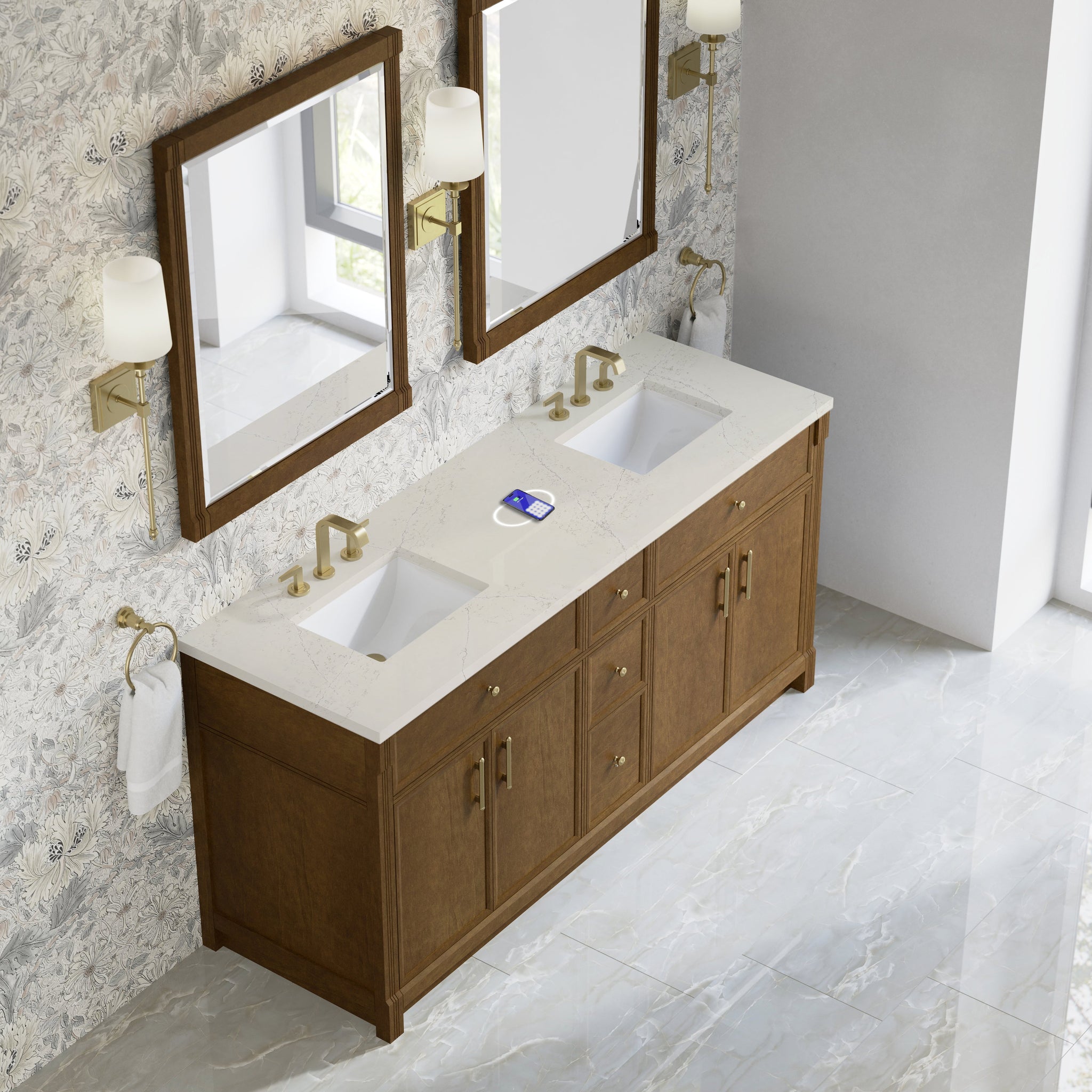 James Martin Bellshire 72" Double Bathroom Vanity, Honey Oak with Siberian (FreePower) countertop