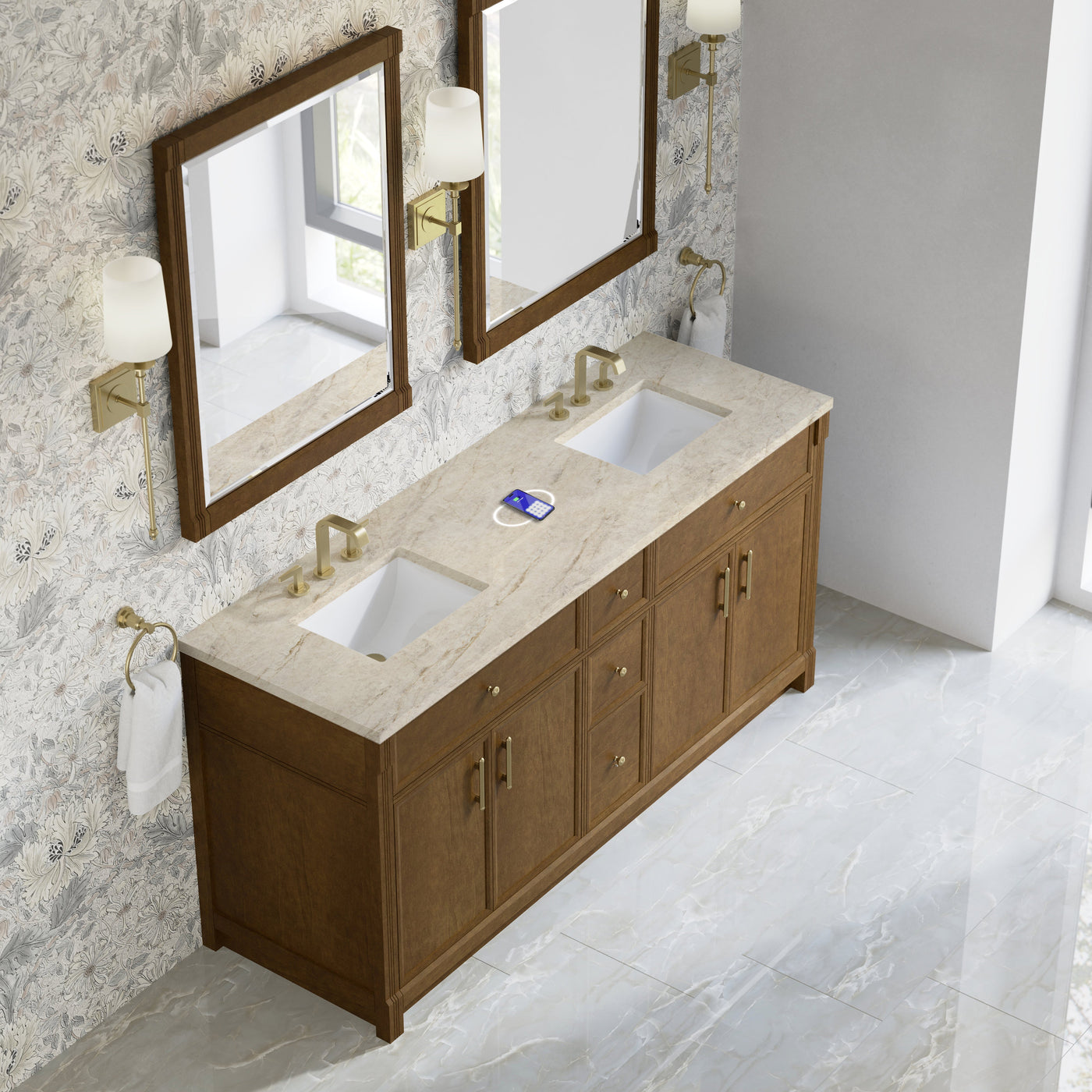 James Martin Bellshire 72" Double Bathroom Vanity, Honey Oak with Tajnar (FreePower) countertop
