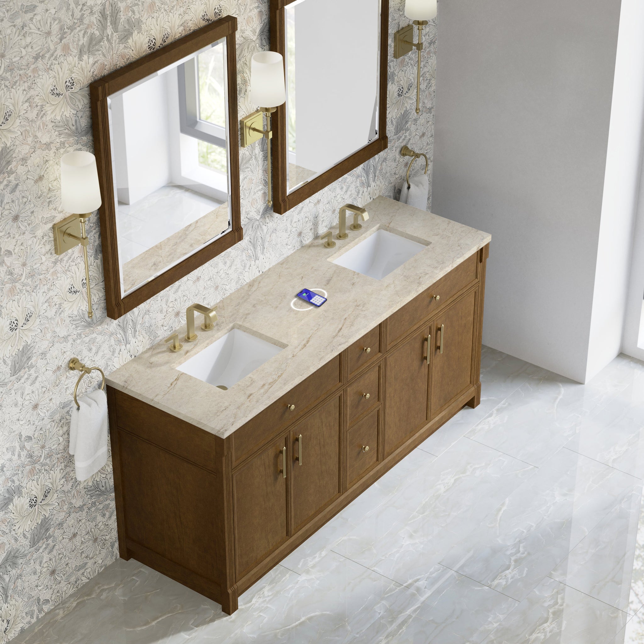 James Martin Bellshire 72" Double Bathroom Vanity, Honey Oak with Tajnar (FreePower) countertop