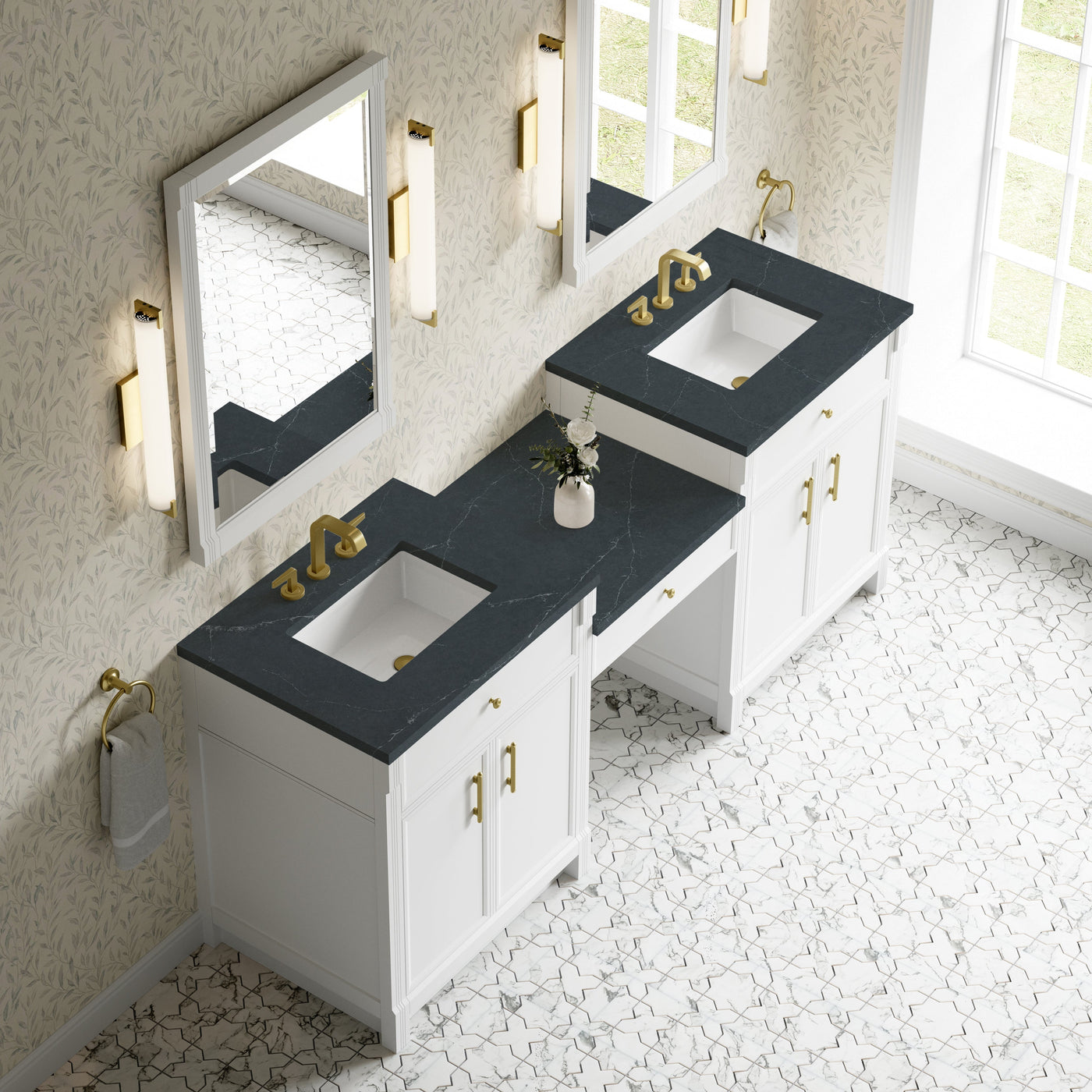 James Martin Bellshire 84" Double Bathroom Vanity, Bright White with Charcoal Soapstone countertop