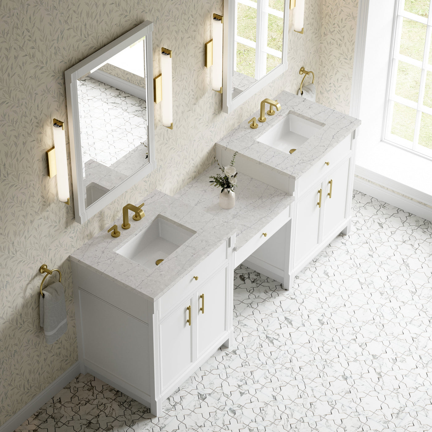 James Martin Bellshire 84" Double Bathroom Vanity, Bright White with Eternal Jasmine Pearl countertop