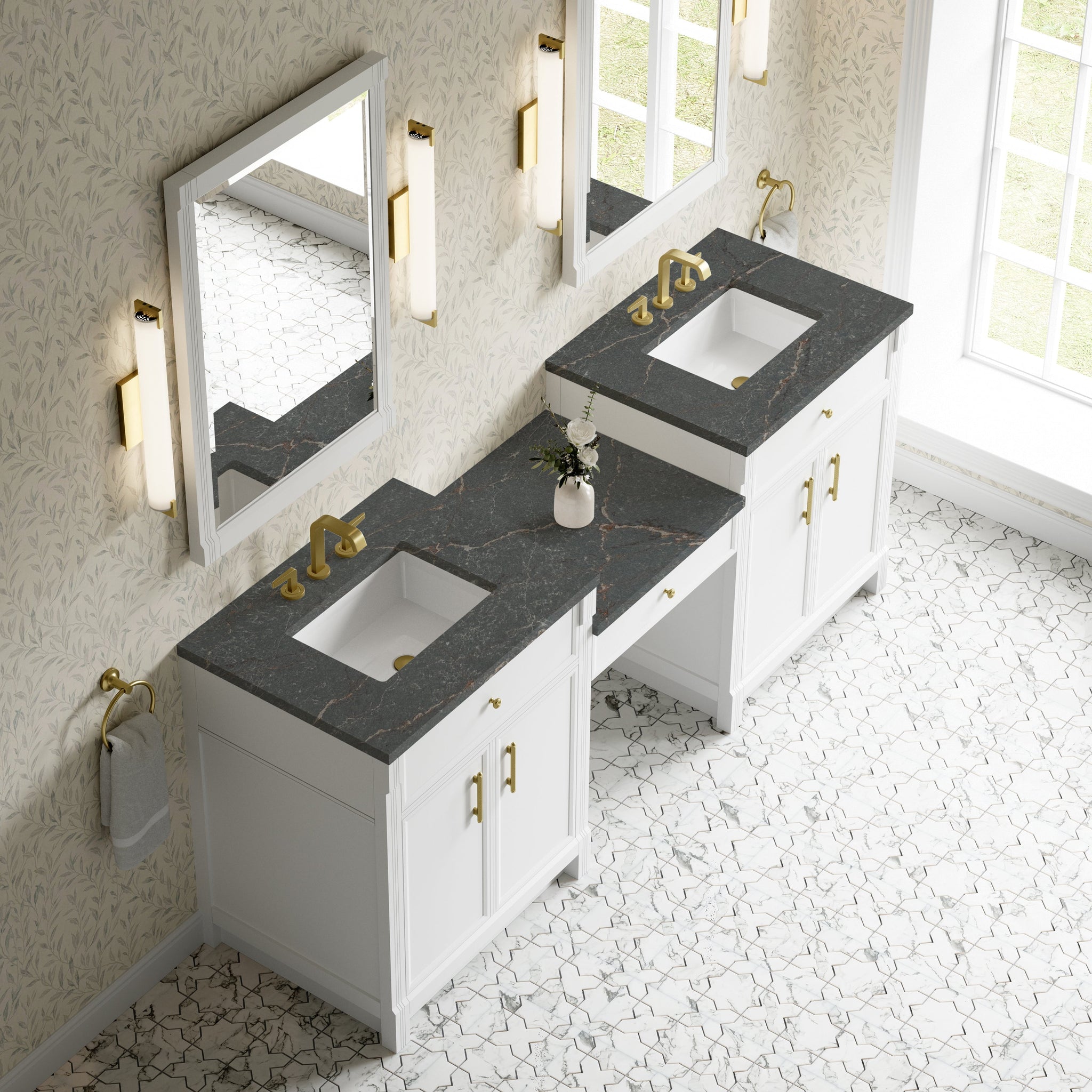 James Martin Bellshire 84" Double Bathroom Vanity, Bright White with Parisien Bleu countertop