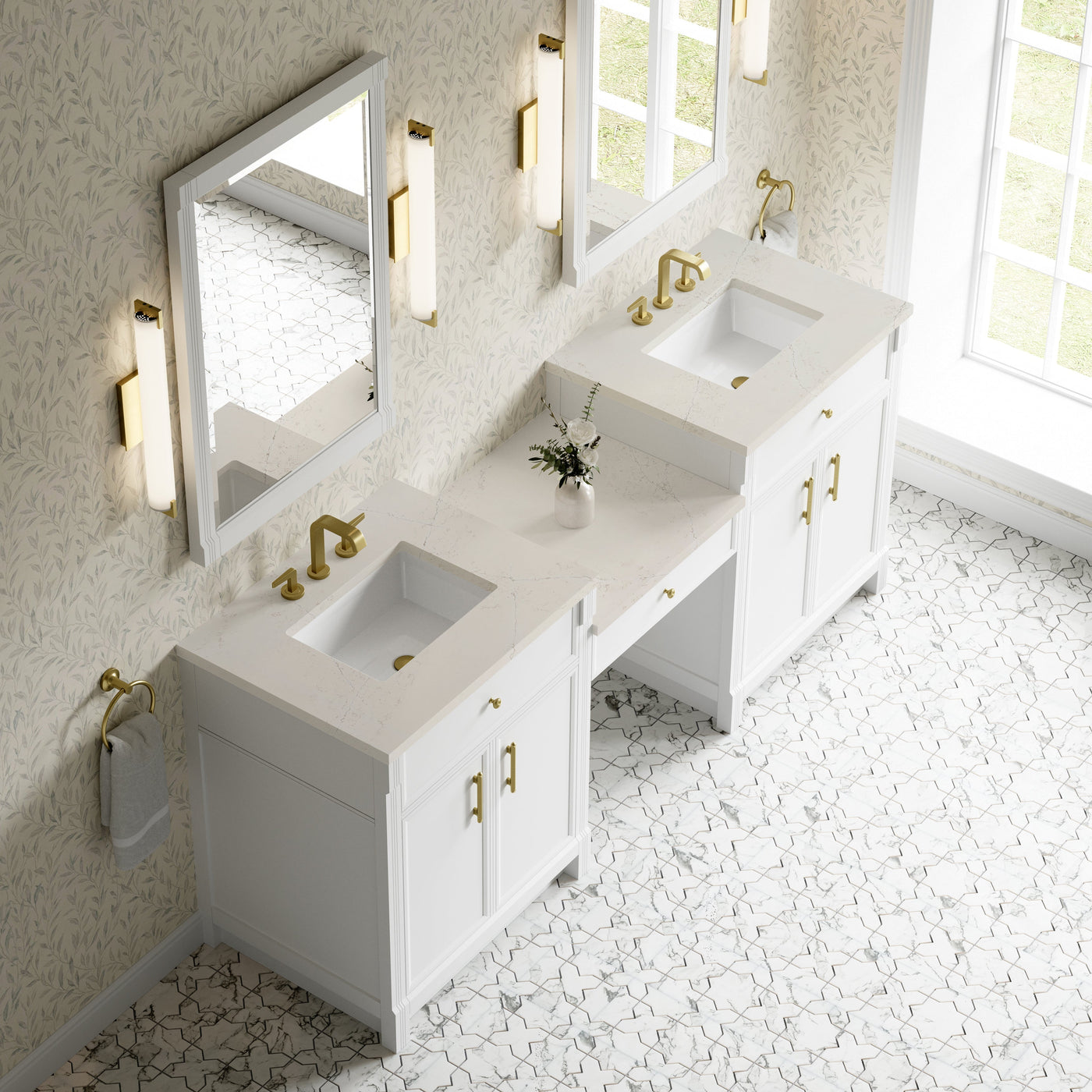 James Martin Bellshire 84" Double Bathroom Vanity, Bright White with Siberian countertop