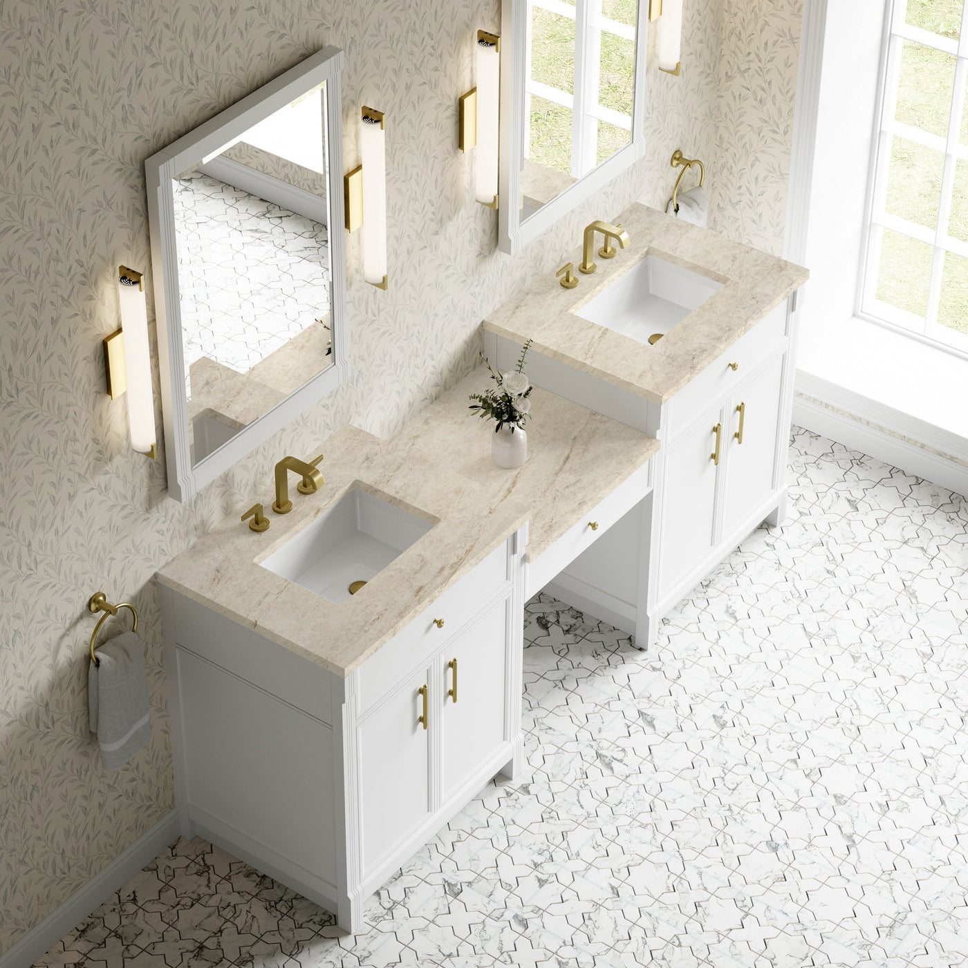 James Martin Bellshire 84" Double Bathroom Vanity, Bright White with Tajnar countertop