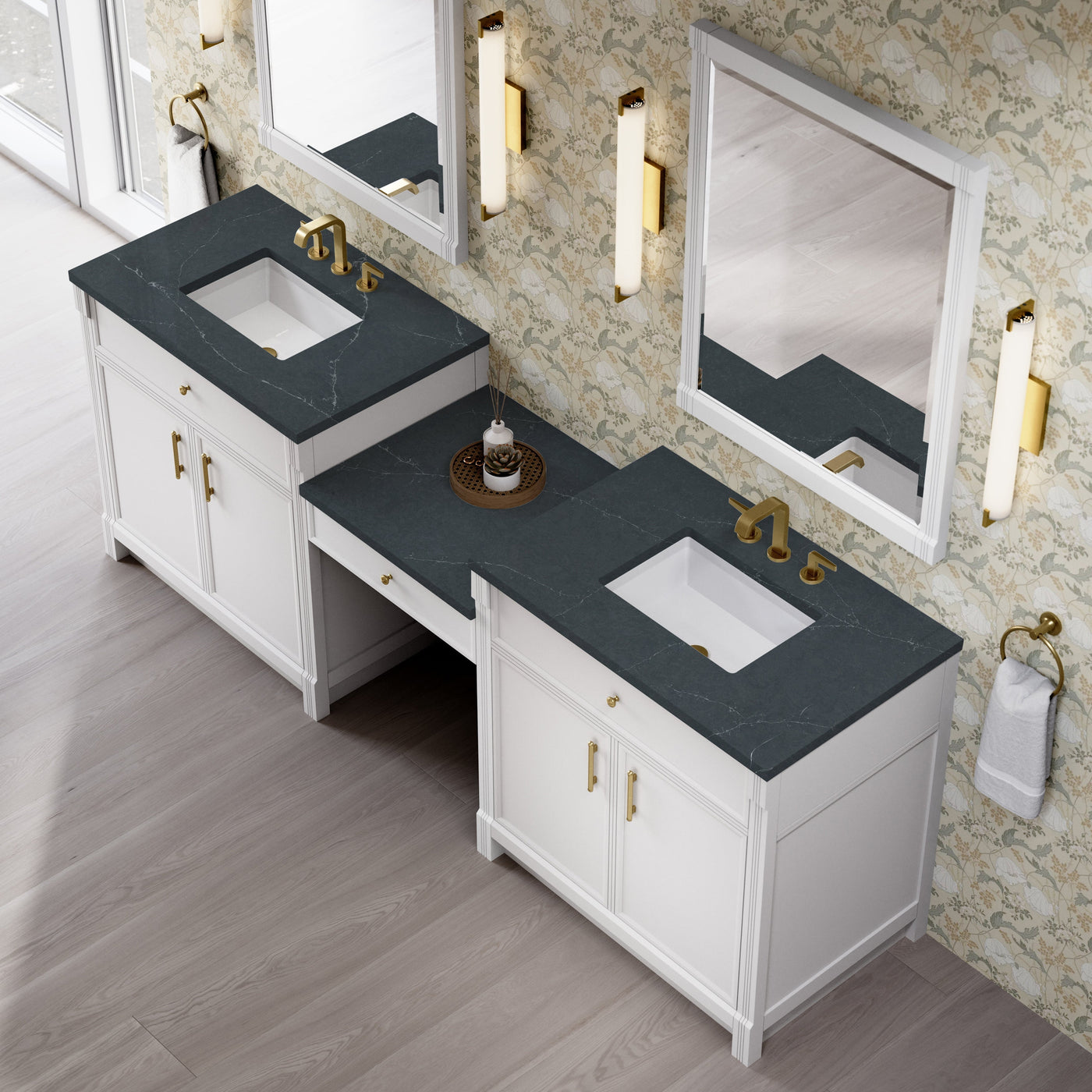 James Martin Bellshire 96" Double Bathroom Vanity, Bright White with Charcoal Soapstone countertop