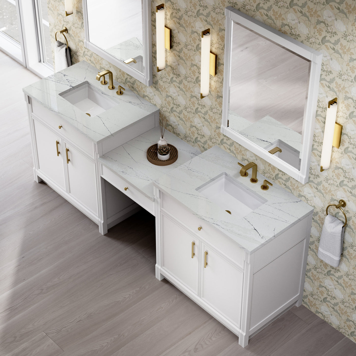 James Martin Bellshire 96" Double Bathroom Vanity, Bright White with Ethereal Noctis countertop