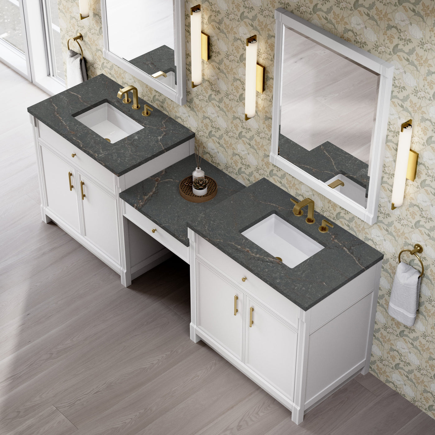 James Martin Bellshire 96" Double Bathroom Vanity, Bright White with Parisien Bleu countertop