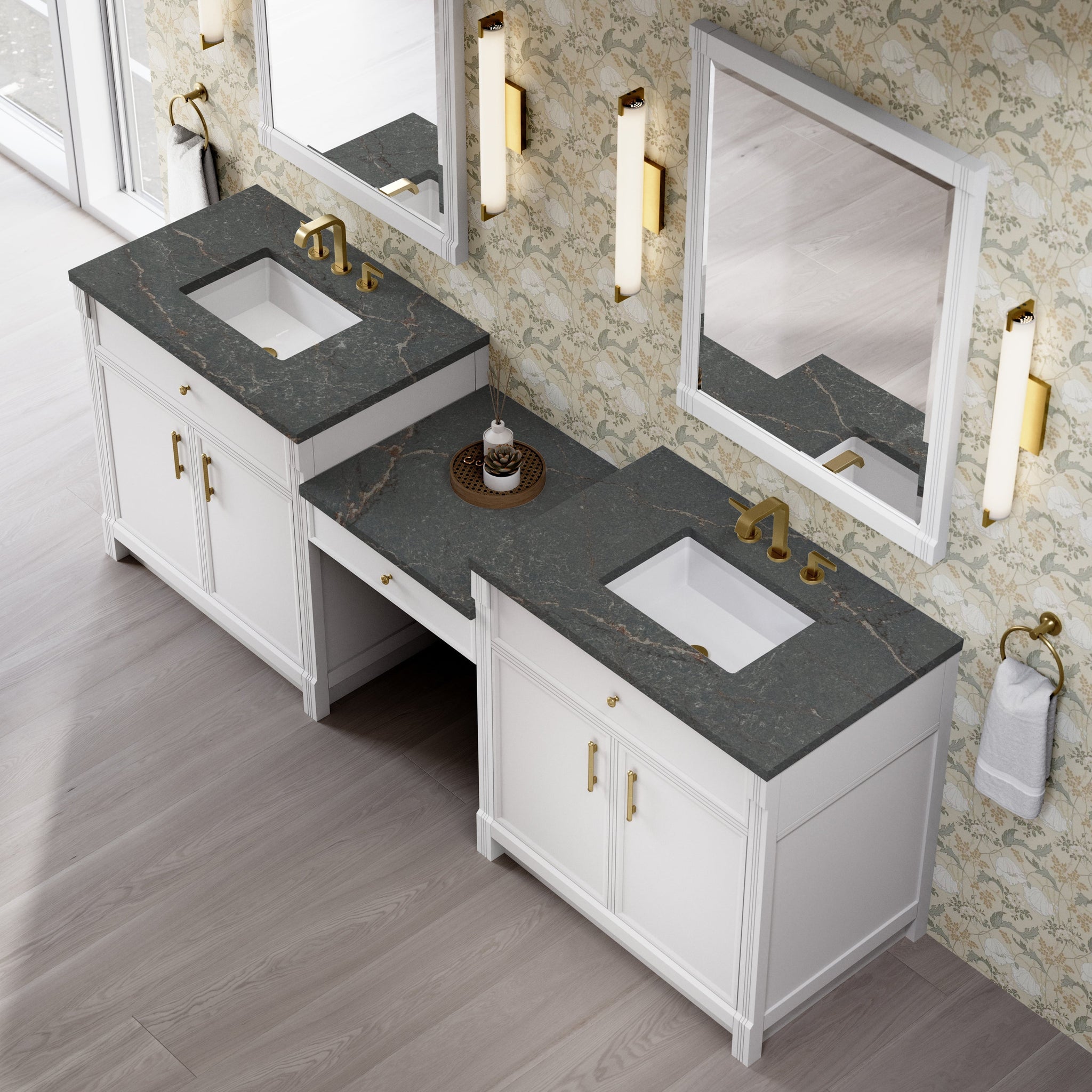 James Martin Bellshire 96" Double Bathroom Vanity, Bright White with Parisien Bleu countertop