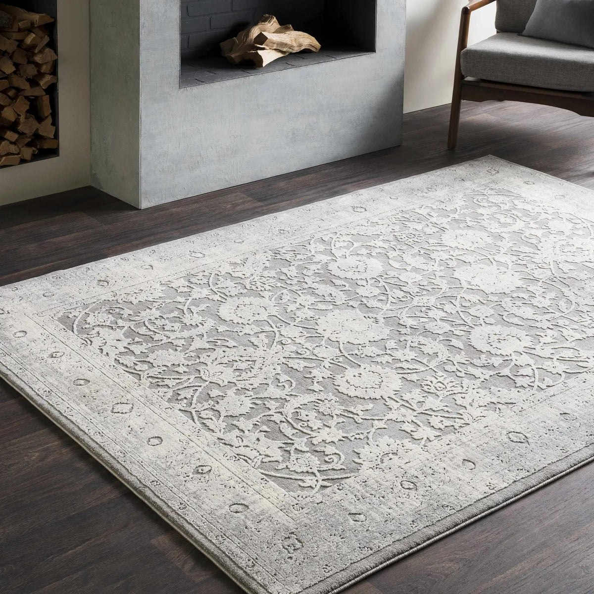 Benavides Gray Updated Traditional Tibetan Rug, installed in a room