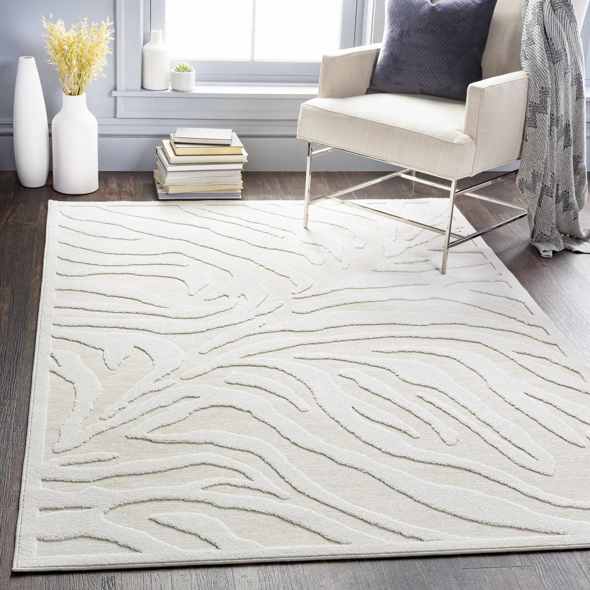 Benzonia 3D White Zebra Outdoor Rug, installed in a room