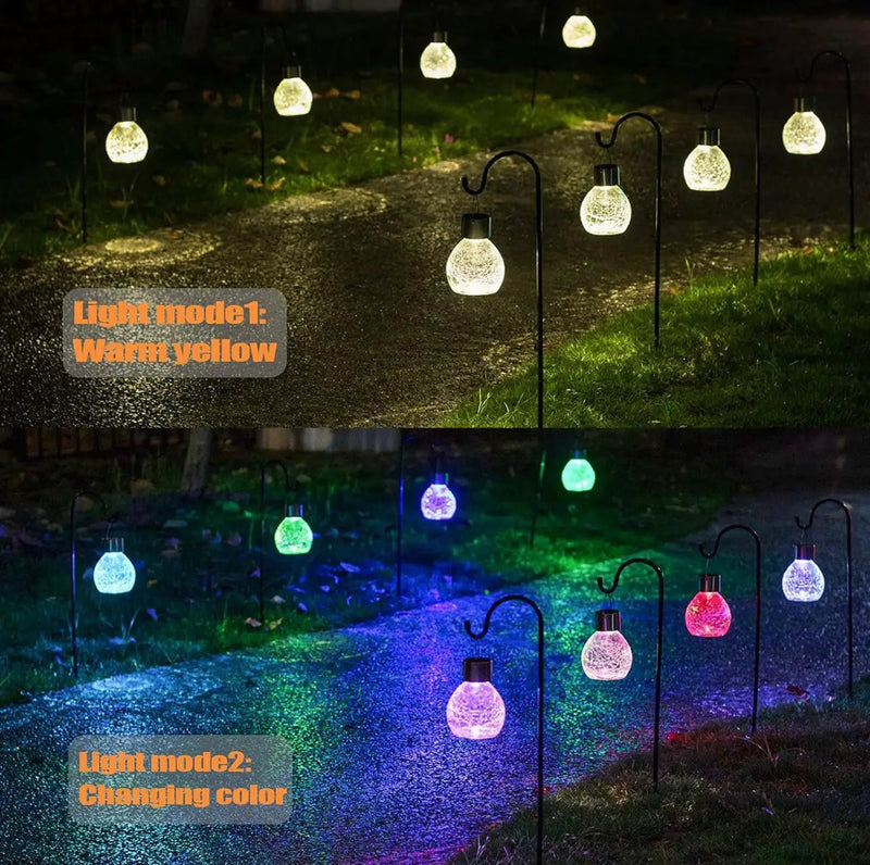 Berkeley Jensen 4 Pack Hanging Solar Lights with Shepherd Hooks, Crackle Glass Ball Design by Outdoor Solar Outlet