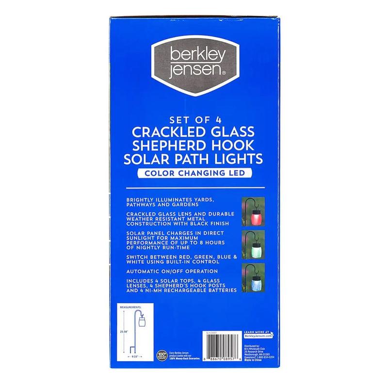 Berkeley Jensen 4 Pack Hanging Solar Lights with Shepherd Hooks, Crackle Glass Ball Design by Outdoor Solar Outlet