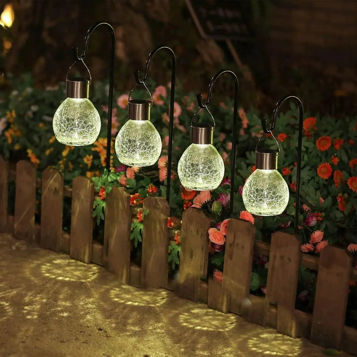 Berkeley Jensen 4 Pack Hanging Solar Lights with Shepherd Hooks, Crackle Glass Ball Design by Outdoor Solar Outlet