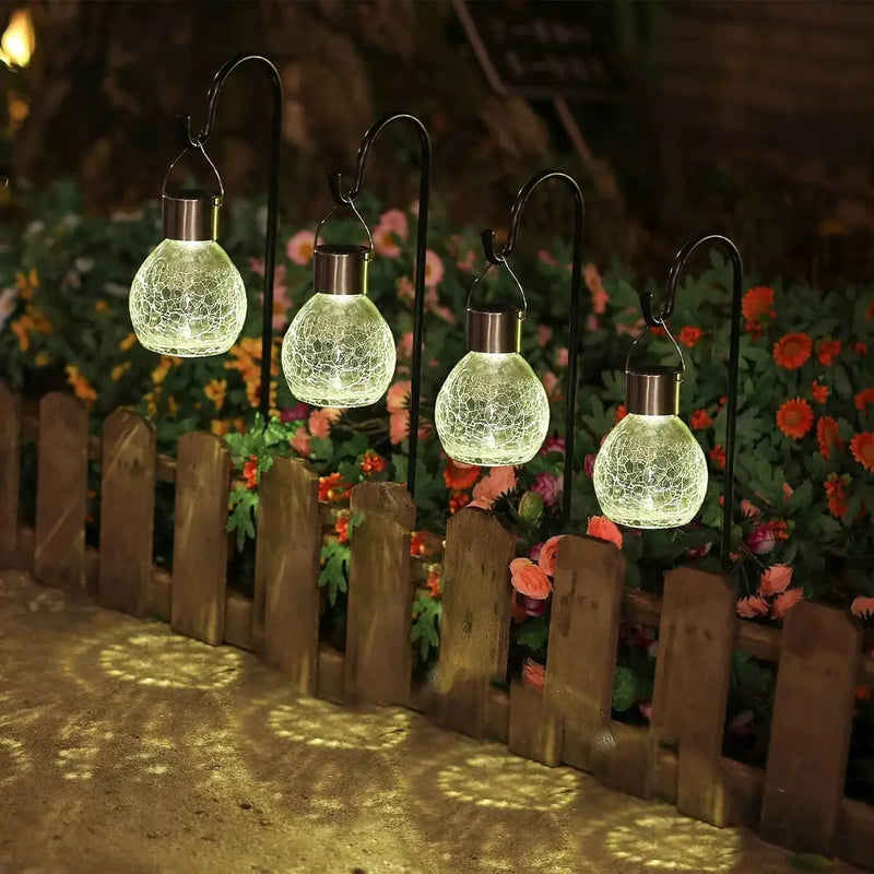 Berkeley Jensen 4 Pack Hanging Solar Lights with Shepherd Hooks, Crackle Glass Ball Design by Outdoor Solar Outlet