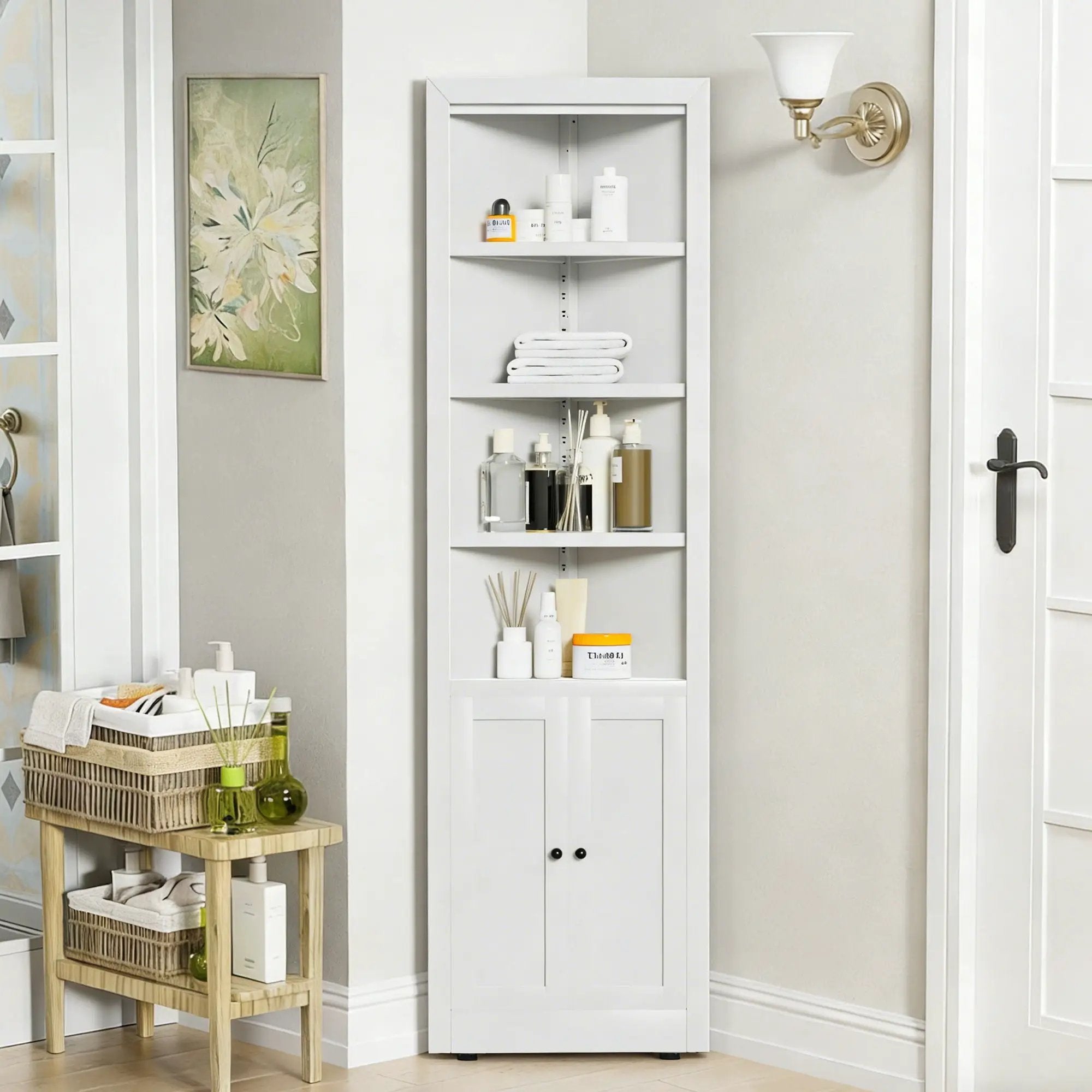 Tall Corner Storage Cabinet With 2 Doors, 5-Tier With Adjustable Shelve, Freestanding - White by Unique Piece Furniture