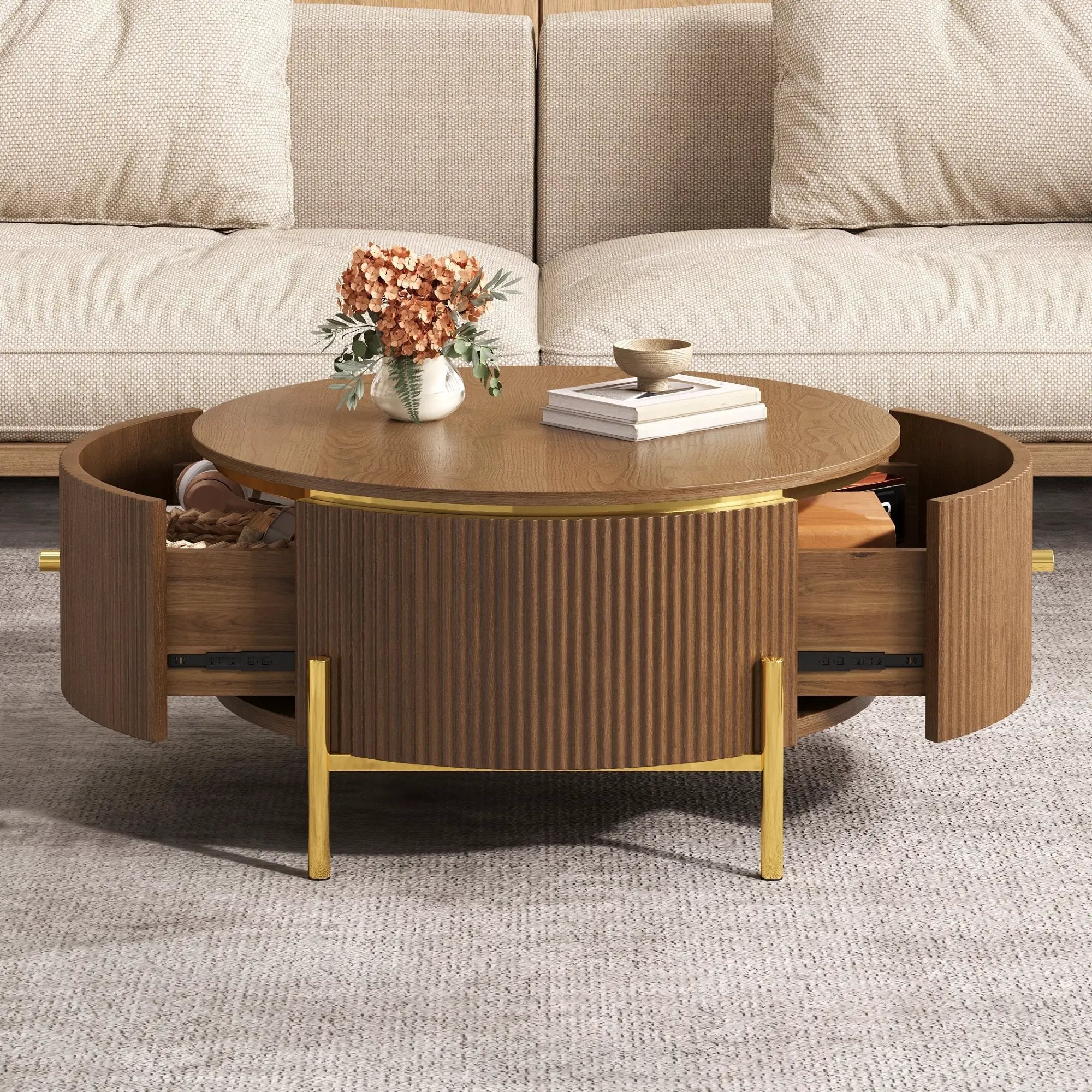 Modern Round Coffee Table with 2 Large Drawers Storage Accent Table by HouseOfZazla