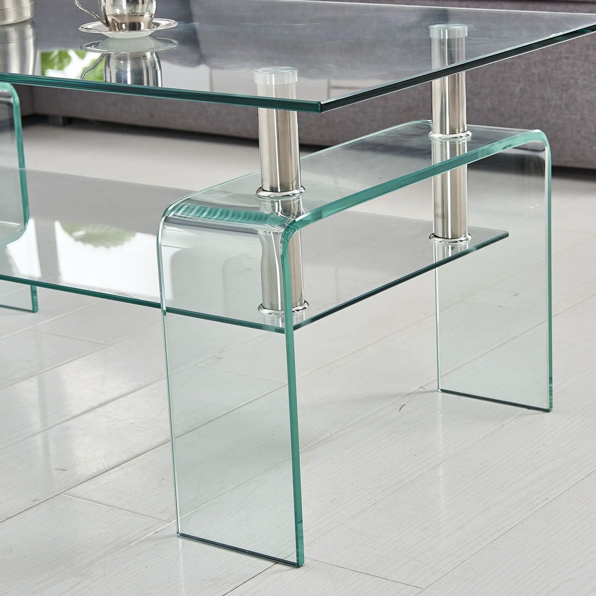 Modern Tempered Glass Coffee Table With 2 Tier Storage For Living Room by Unique Piece Furniture