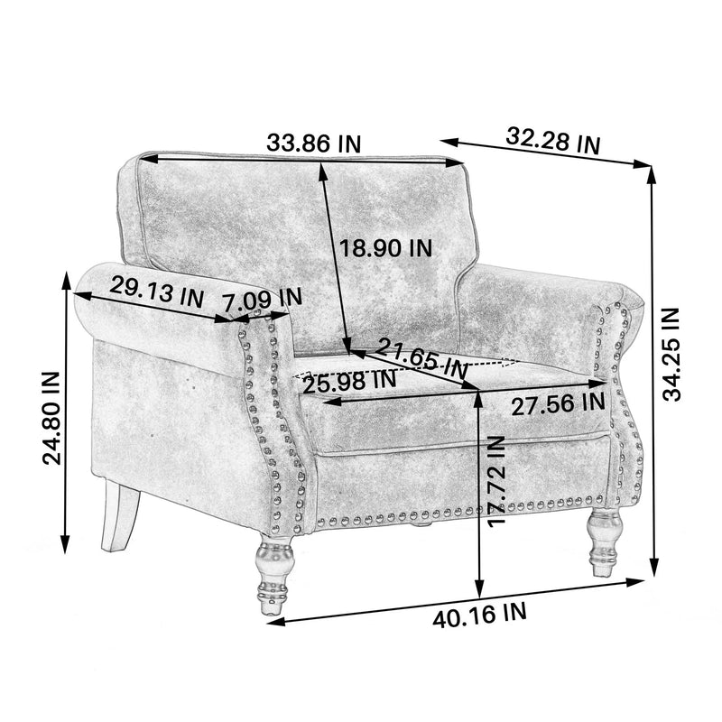 Rolled Arm Sofa With Nailhead Trim, 1 Seater Upholstered Couch With Wooden Legs by Unique Piece Furniture