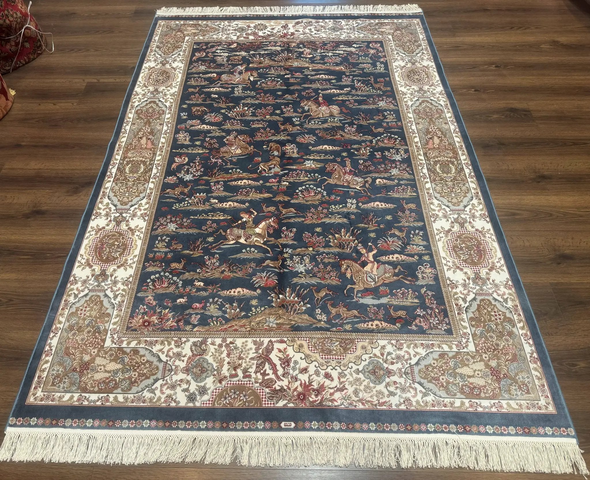 Turkish Silk Rug 5x8, Hunting Design, Animal Pictorials, Steel Blue & Ivory, Bamboo Silk by Jewel Rugs