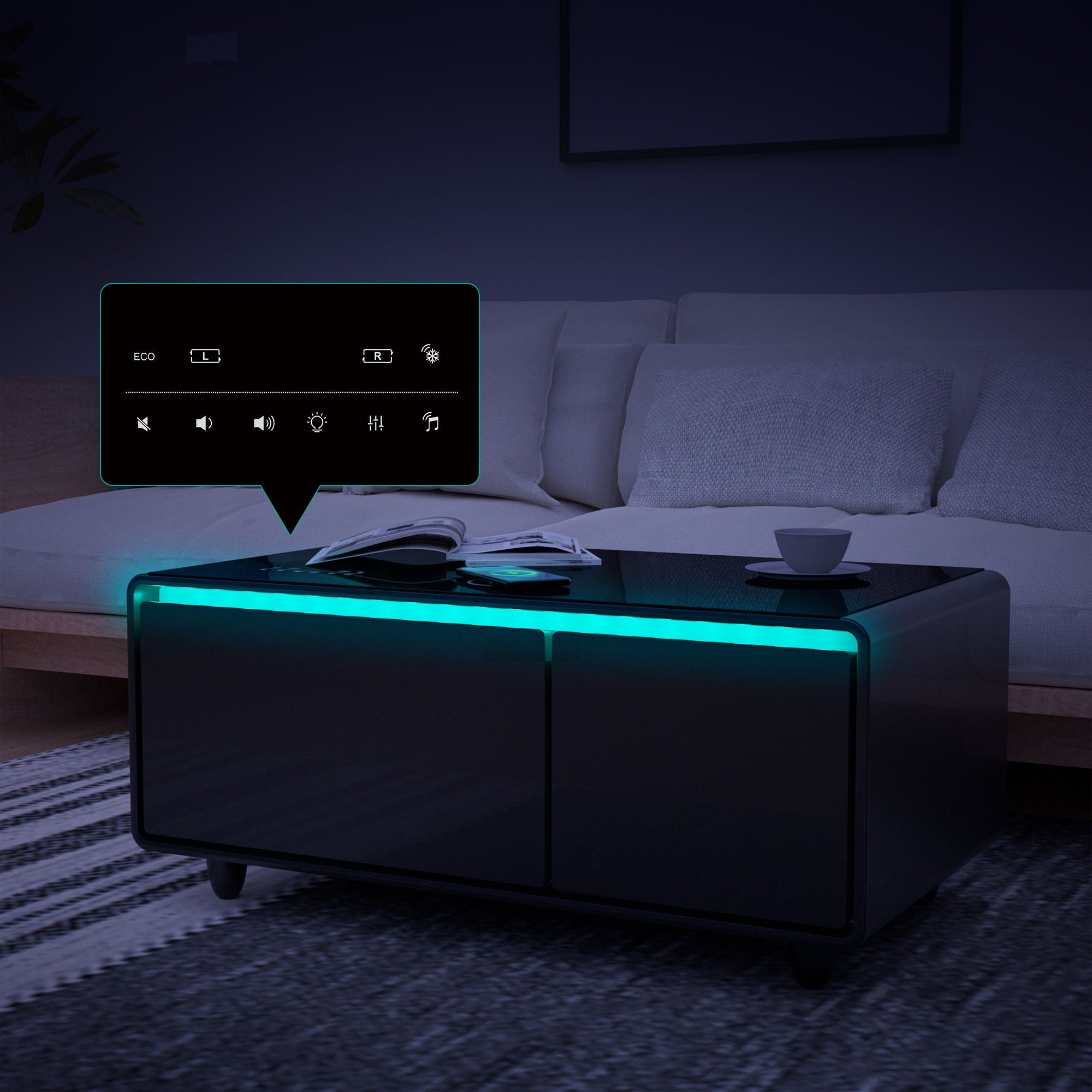 Modern Smart Coffee Table With Built-In Fridge - tooth Speaker, Wireless Charging, Touch Control Panel, USB Interface, Outlet Protection, Atmosphere Light by HouseOfZazla