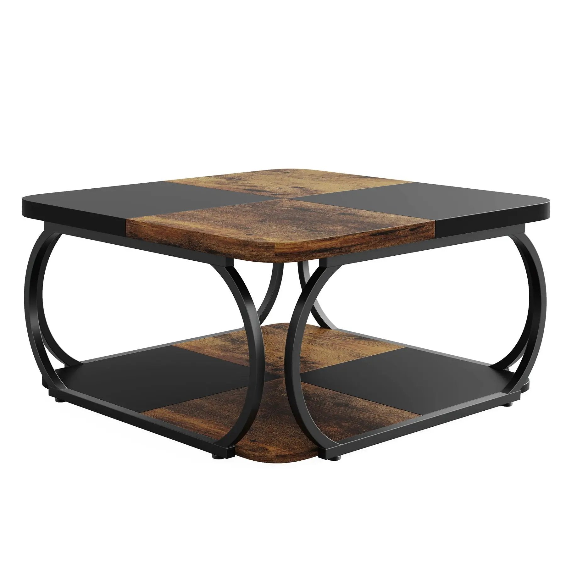 Square Coffee Table With Storage Shelf, 2 Tier For Living Room - Brown / Black by HouseOfZazla