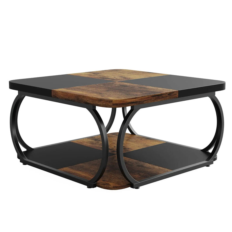 Square Coffee Table With Storage Shelf, 2 Tier For Living Room - Brown / Black by HouseOfZazla