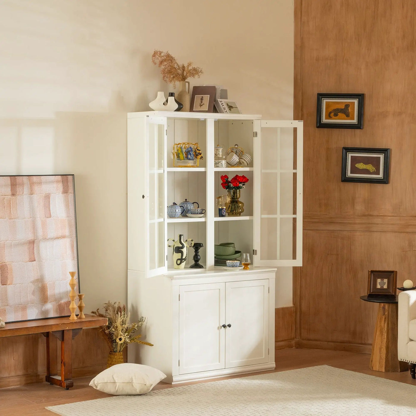 Retro Style Hutch Cabinet With Glass Door, China Cabinet For Home by Unique Piece Furniture