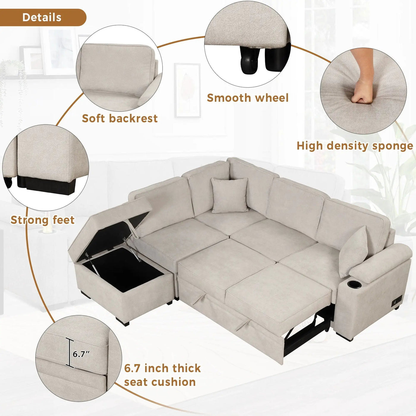 Sleeper Sofa Bed, 2 In 1 Pull Out Sofa Bed L Shape Couch With Storage Ottoman For Living Room, Bedroom Couch And Small Apartment by Unique Piece Furniture