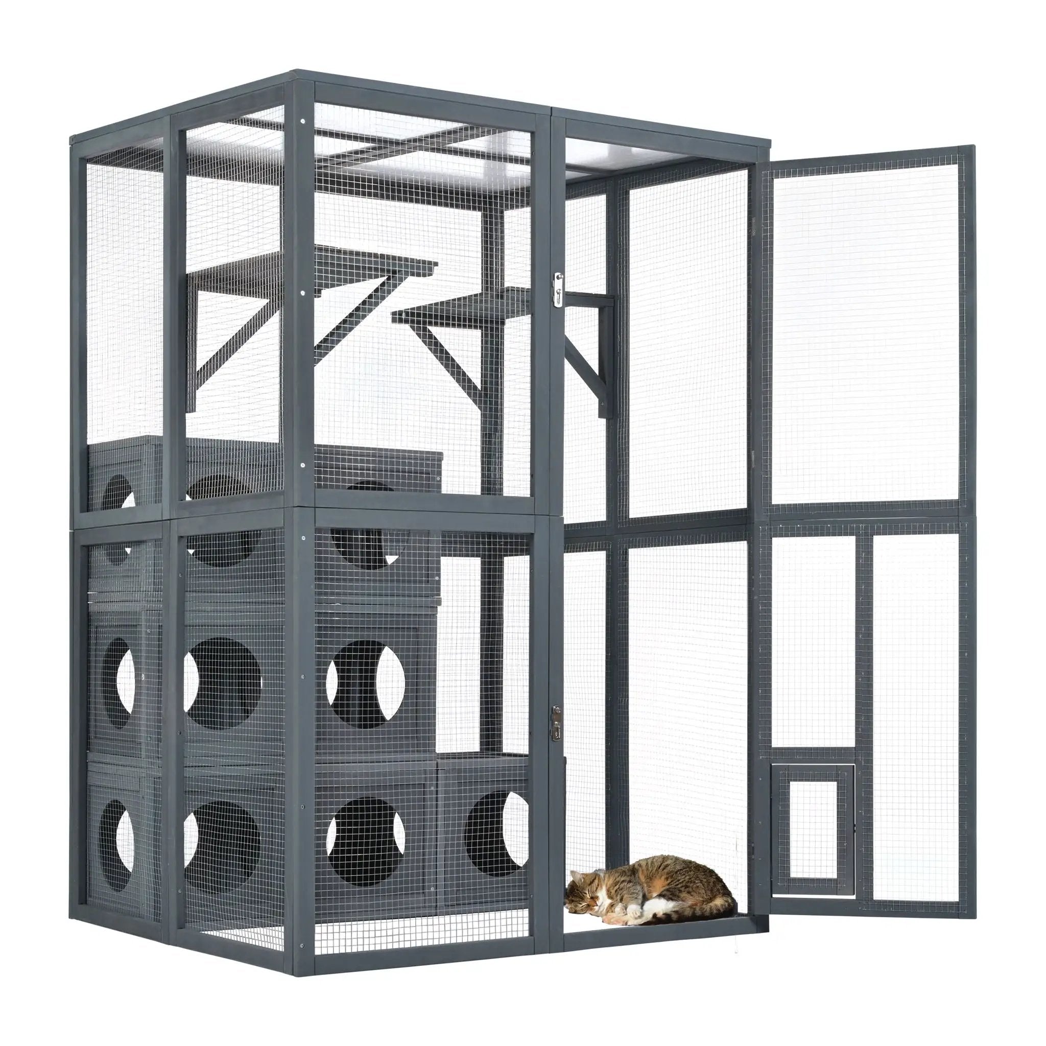 Outdoor Cat House With Shelves And Weather Protection, Removable Wood Boxes - Gray by HouseOfZazla