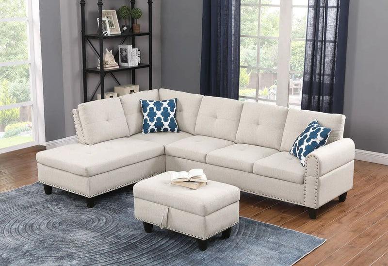 Alger - Wide Left Hand Facing Sofa & Chaise With Ottoman - Beige by Unique Piece Furniture