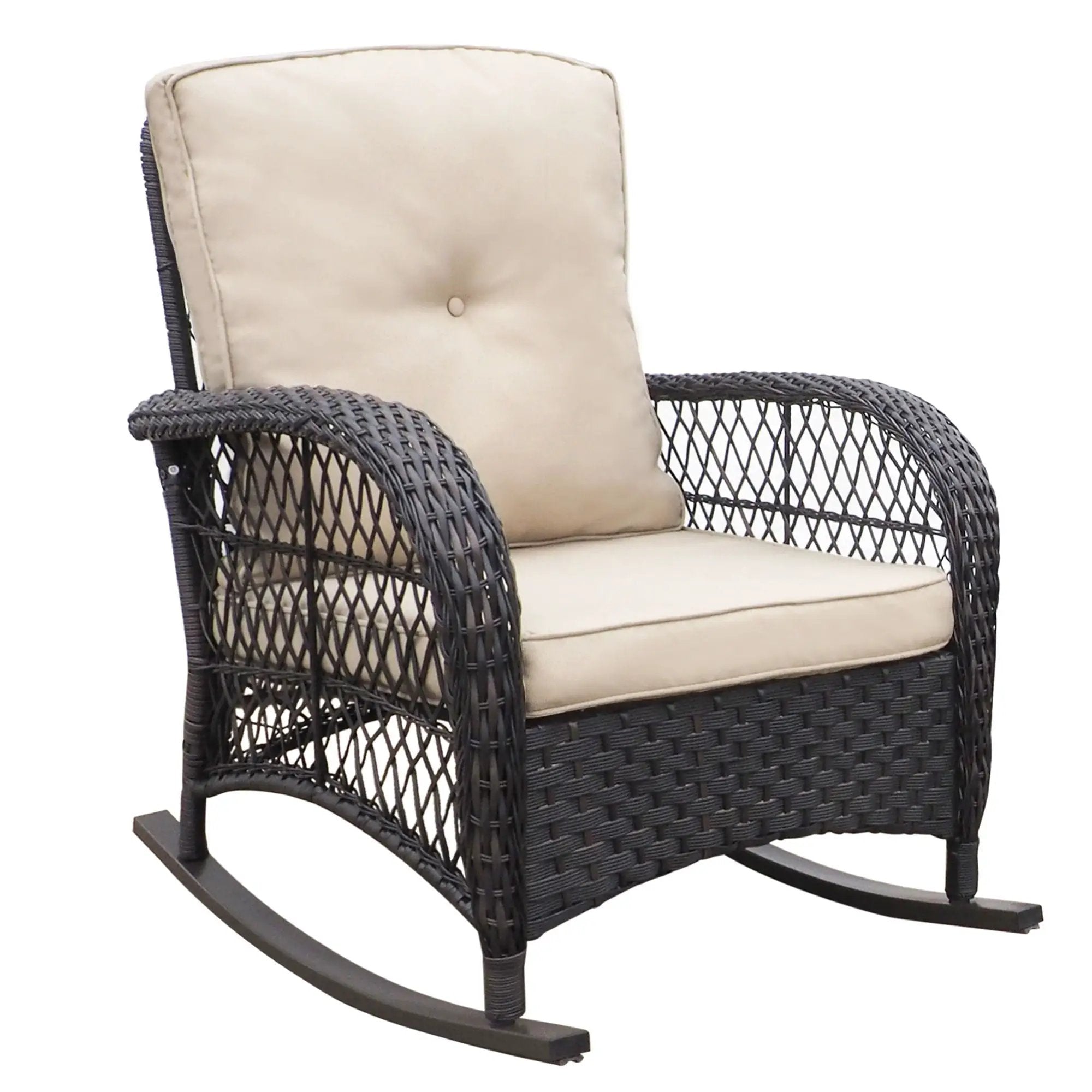 3 Pieces Conversation Set, Outdoor Wicker Rocker Patio Bistro Set, Rocking Chair With Glass Top Side Table - Brown / Beige by HouseOfZazla