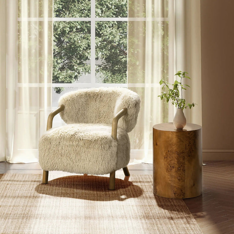Becker - Rustic Oak Sheepskin Upholstered Accent Arm Chair - Taupe Beige by Unique Piece Furniture
