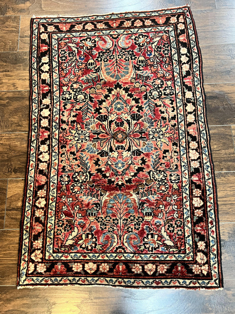 Small Antique Persian Rug 2.6 x 4, Red Floral Handmade 1920s Wool Rug, Persian Hamadan Lilian Rug by Jewel Rugs