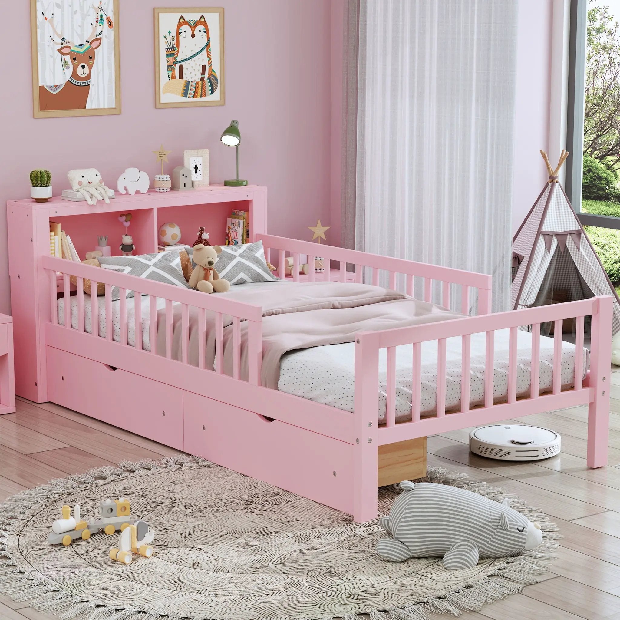 Bed With Headboard Storage Rack, 2 Under Bed Drawers, 3 Side Guardrails For Safety by Unique Piece Furniture