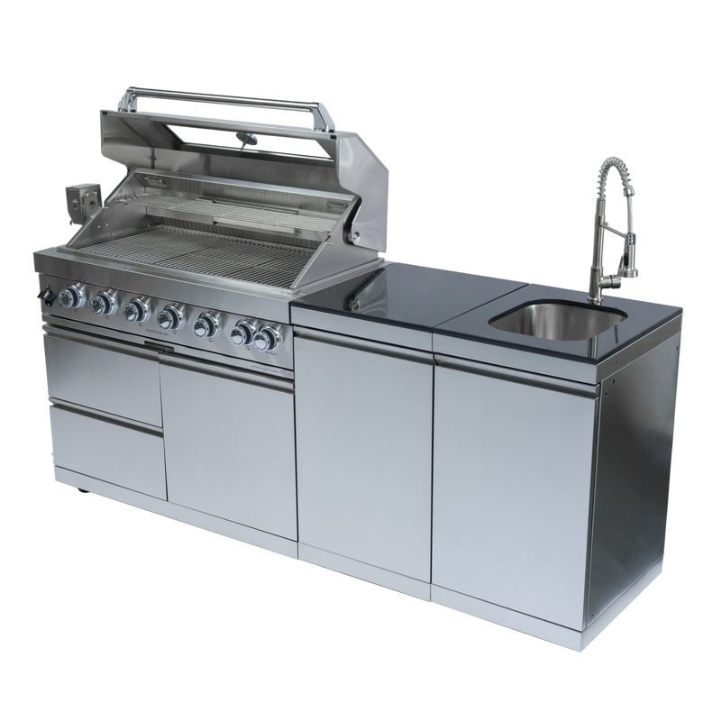 82" 6-Burner 85000 BTU Silver Outdoor Kitchen Island Grill + Storage Cabinets & Drawers & Sink/Faucet by Chery Industrial