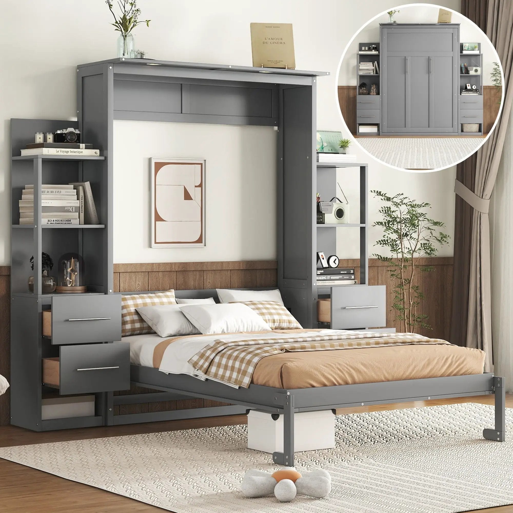 Murphy Wall Bed With LED Lights, Shelves And Drawers by Unique Piece Furniture