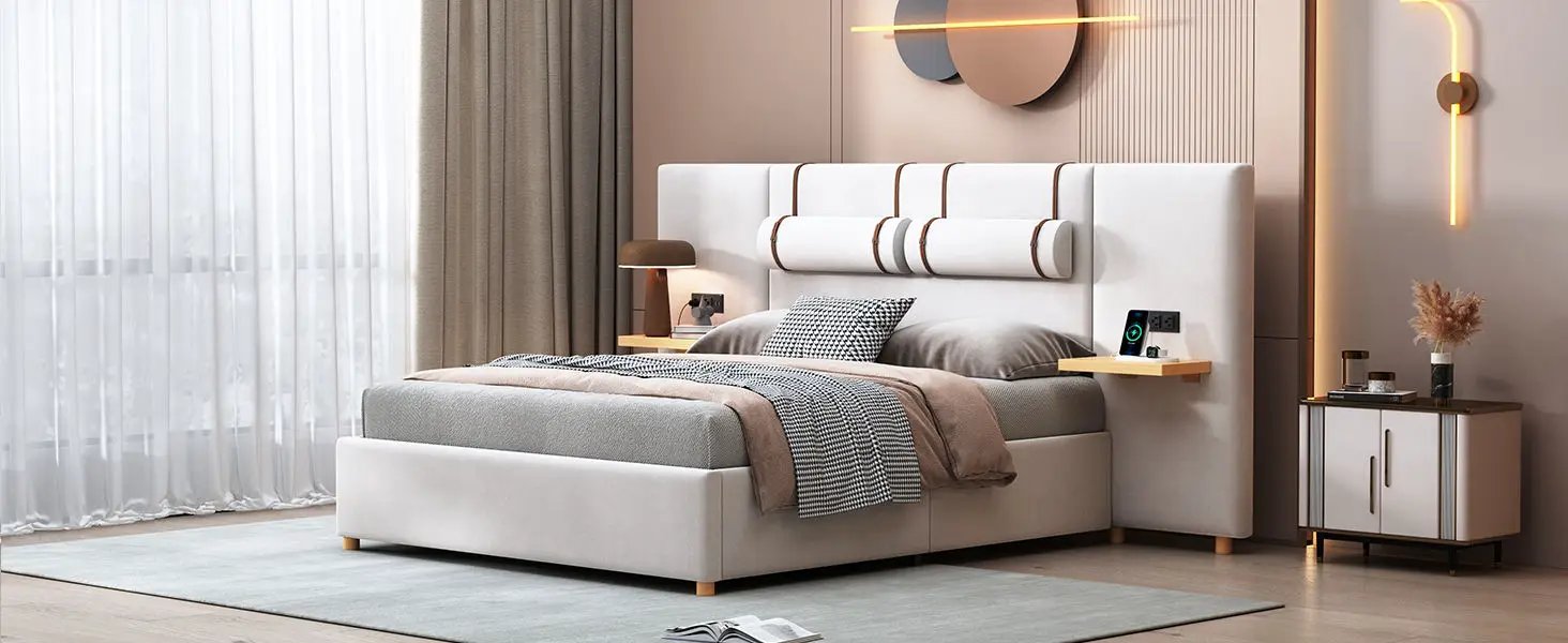 Upholstered Platform Bed, 2 Outlets And USB Charging Ports On Both Sides, 2 Bedside Pillows, Storage Shelves by HouseOfZazla