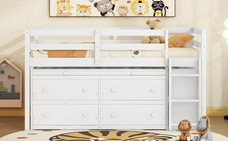 Loft Bed With Retractable Writing Desk And 4 Drawers, With Lateral Portable Desk And Shelves by HouseOfZazla