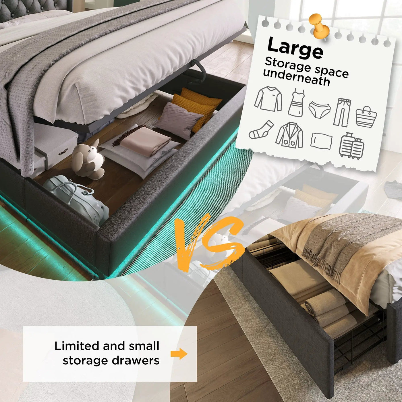 Upholstered Bed, 360 Surround LED Function, Remote Control, Hydraulic Storage Bed With USB, Type-C Charging (Without Mattress) by Unique Piece Furniture