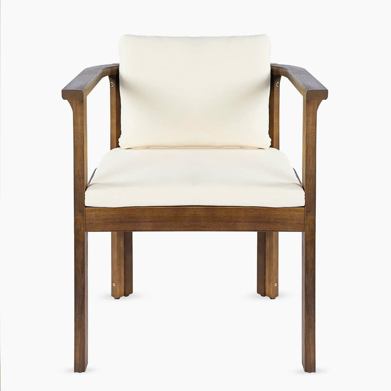 Outdoor Dining Chair Set of 2 with Curved Acacia Wood Arms, Brown Finish and Cream Cushions by HouseOfZazla