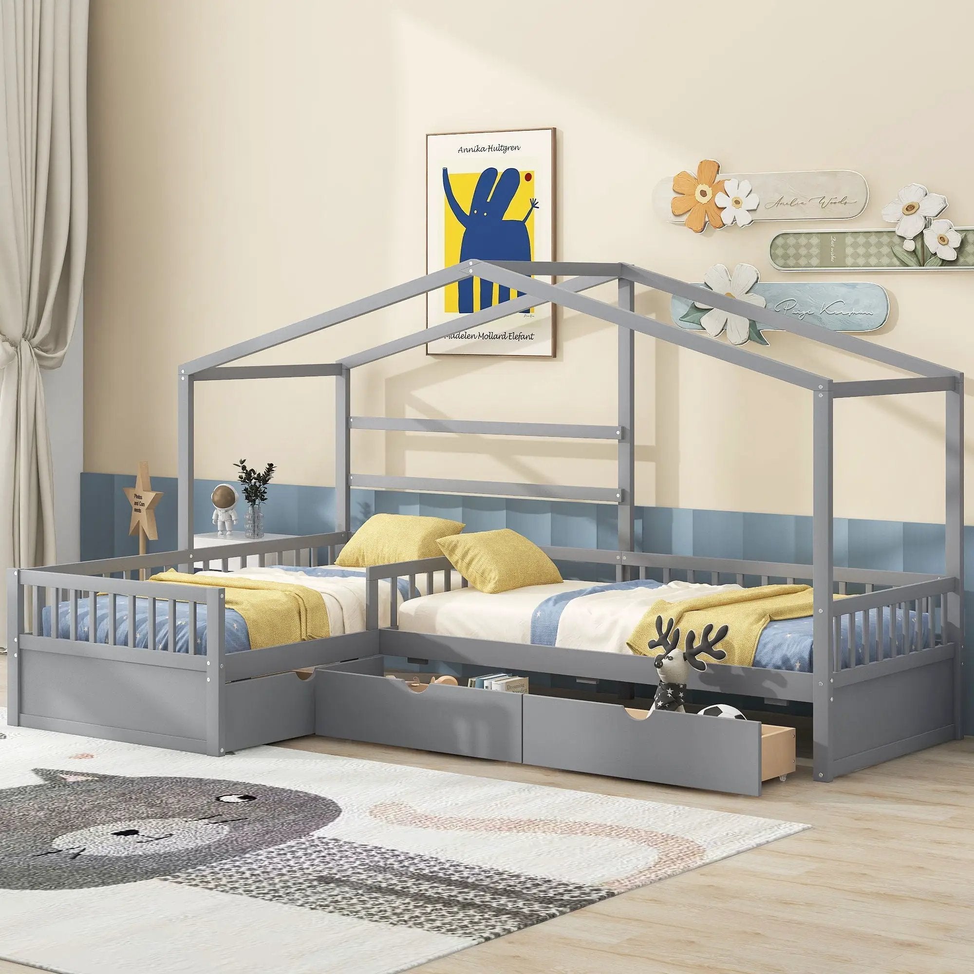 L Shape Platform Bed With 3 Storage Drawers by Unique Piece Furniture