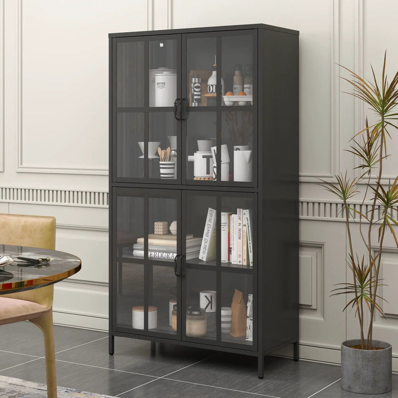 Premium Metal Storage Cabinet With Tempered Glass Doors, Adjustable Shelves, And Anti Tipping Device - Black by Unique Piece Furniture