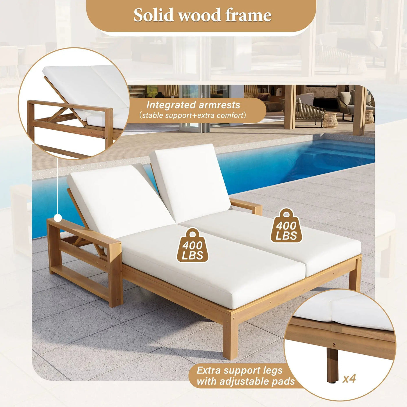 Outdoor Double Lounge Chair With 5 Position Adjustable Backrest by Unique Piece Furniture