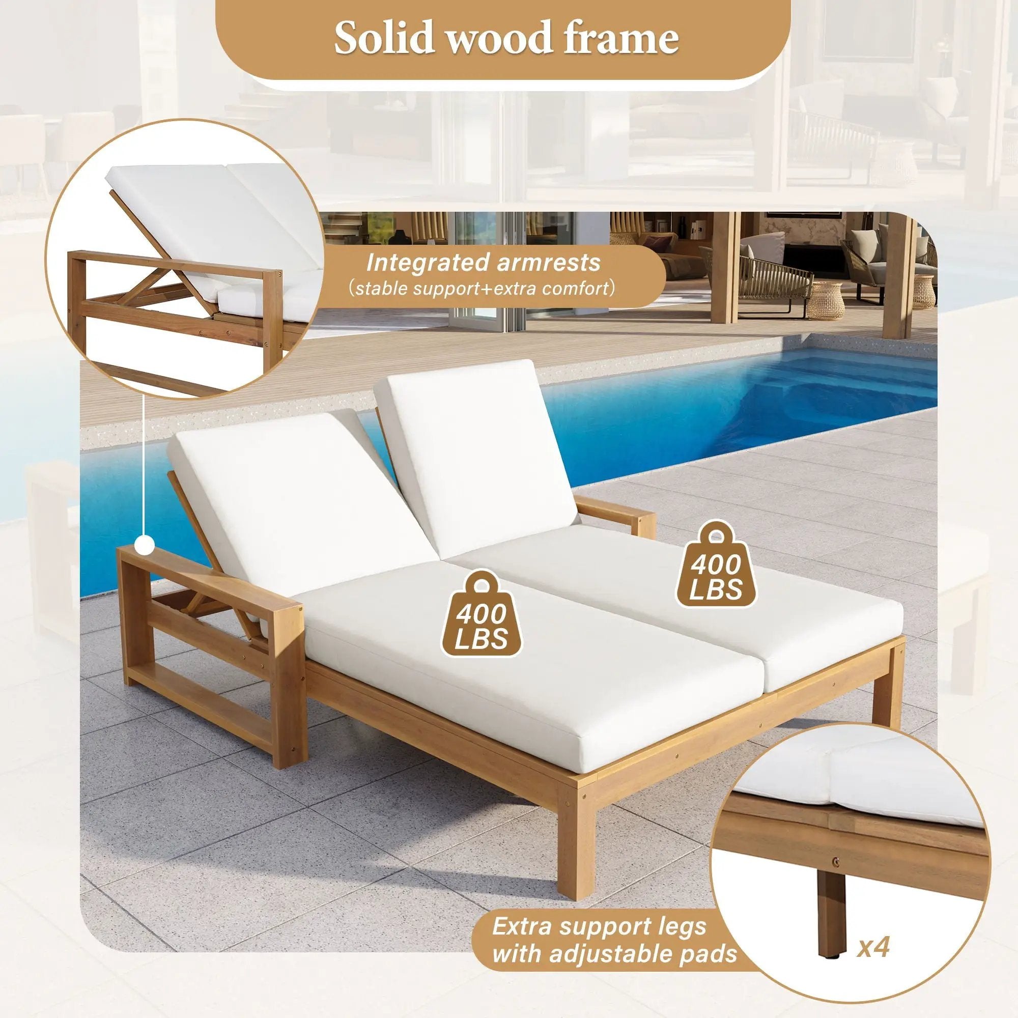 Outdoor Double Lounge Chair With 5 Position Adjustable Backrest