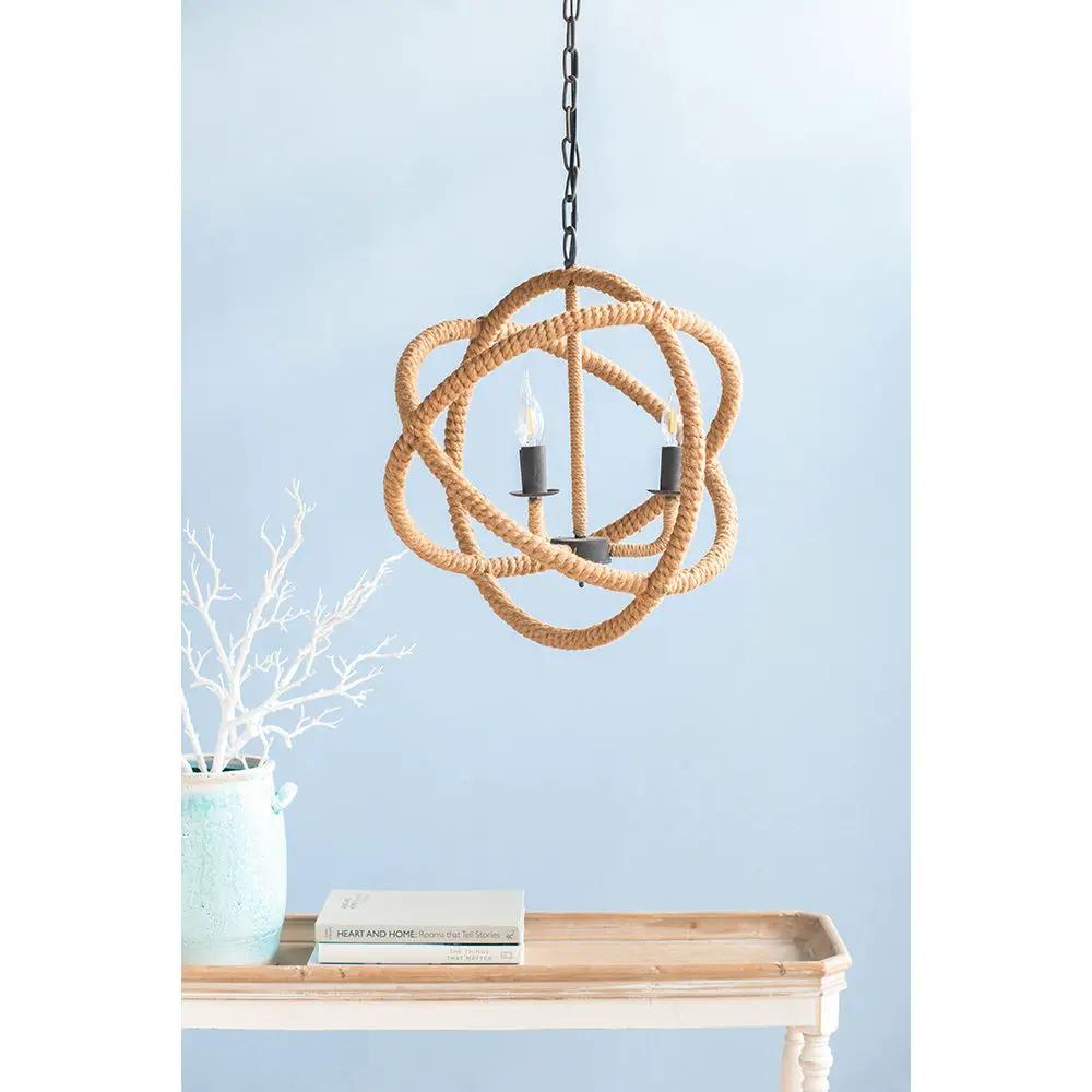 3 Light Farmhouse Chandelier, Rope Chandelier Globe Hanging Light Fixture With With Adjustable Chain For Kitchen, Bulb Not Included - Beige Brown by Unique Piece Furniture