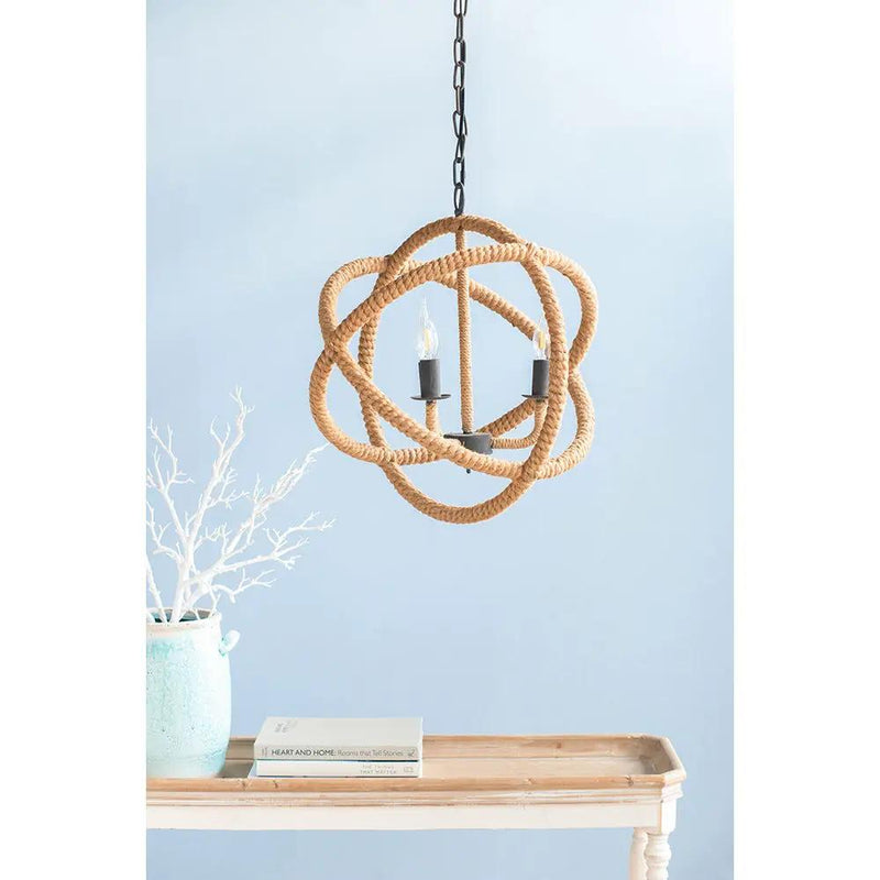3 Light Farmhouse Chandelier, Rope Chandelier Globe Hanging Light Fixture With With Adjustable Chain For Kitchen, Bulb Not Included - Beige Brown by Unique Piece Furniture