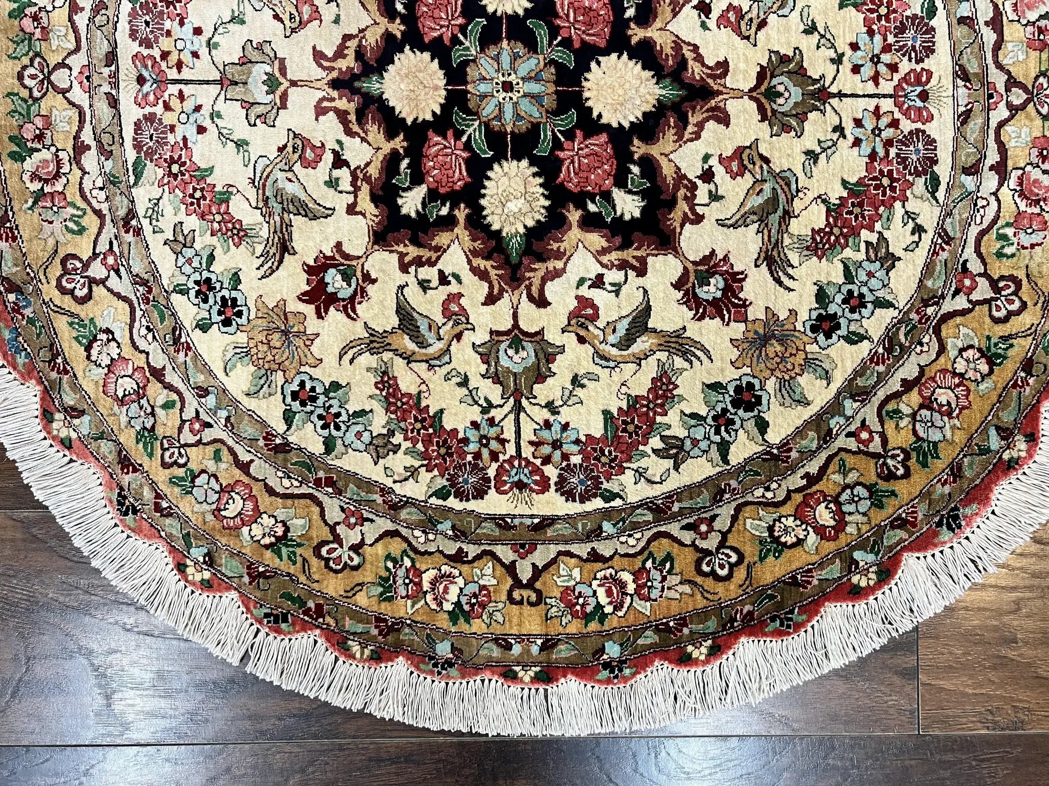 Silk Persian Tabriz Round Rug 3x3 ft, Very Fine Hand Knotted Carpet 380 KPSI, Cream & Gold, Bird Pictorials, Floral, Rare by Jewel Rugs