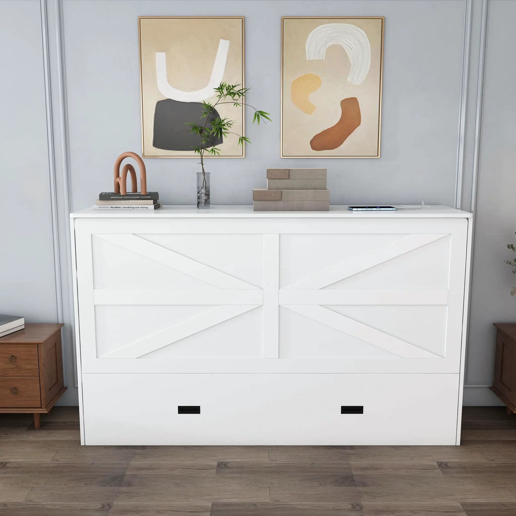 Murphy Bed With Storage Drawers And Charging Cabinet, Foldable Panels, Swivel Wheels by HouseOfZazla