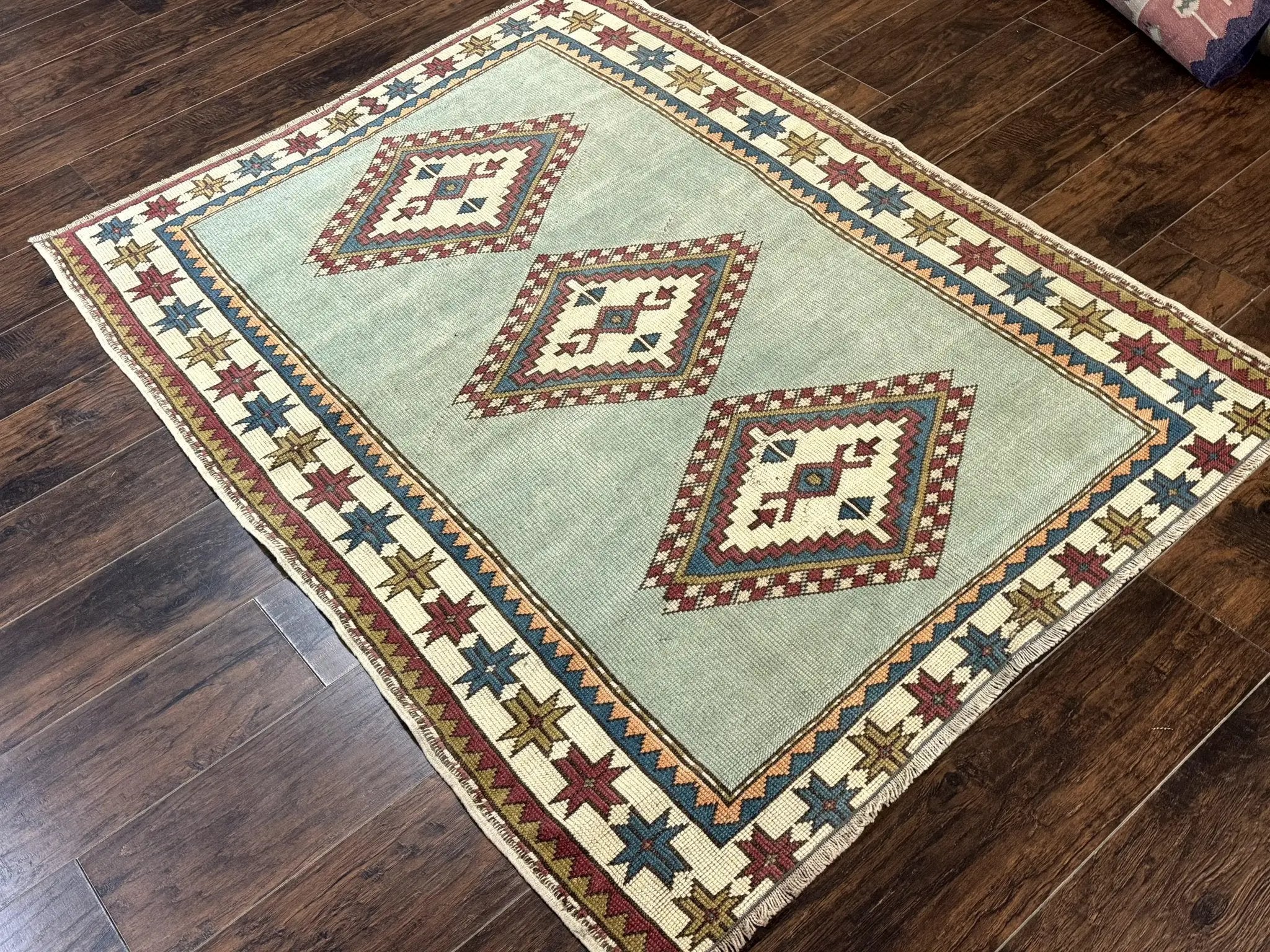 Turkish Kazak Rug 4x6, Geometric Medallion, Caucasian Design Rug, Semi Antique Vintage, Mint Green Maroon Ivory by Jewel Rugs